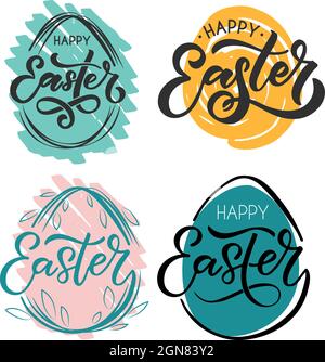 Handskizzierter Text von Happy Easter als Logo, Abzeichen und Symbol. Osterpostkarte, Karte, Einladung, Flyer, Bannervorlage. Osterschrift Typografie Stock Vektor