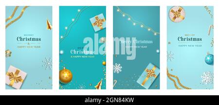 Weihnachtsvorlage für Social-Media-Geschichten. Story Xmas Hintergrund mit realistischen Geschenkboxen, blauen und goldenen Kugeln. Vertikales Neujahrsbanner, Pos. Stock Vektor