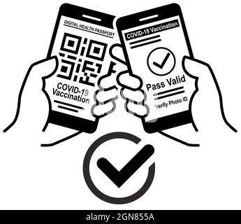 Verifizierung des digitalen Gesundheitspasses auf dem Smartphone in der Hand. Scannen Impfung QR-Code. Quarantänemaßnahmen gegen Coronavirus. Vektor Stock Vektor