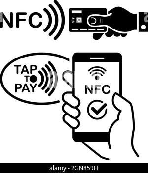 Symbol für kontaktloses drahtloses Bezahlen. NFC-Technologie kontaktlose Kreditkarte und Smartphone. Vektor auf transparentem Hintergrund Stock Vektor