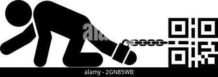 Quarantänemaßnahmen schränken die persönliche Bewegungsfreiheit ein. QR-Code in Form einer Kugelhantel auf dem Bein einer kriechenden Person. Stock Vektor
