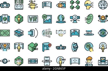 Symbole für virtuelle Touren legen den Umrissvektor fest. Videopfeil. App-Design Stock Vektor