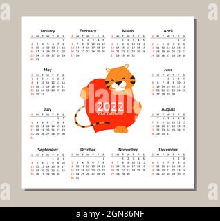 Quadratischer Tischwandkalender 2022. Frohes neues Jahr. Tiger. Chinesisches Horoskop. Vektor isolierte Cartoon-Illustration von Tiger mit rotem Herz. Liebe und Stock Vektor