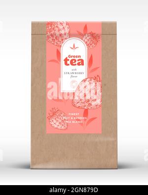 Craft Paper Bag mit Obst und Beeren Tee Label. Realistisches Vektor-Beutel Verpackungsdesign Layout. Moderne Typografie, handgezeichnete Erdbeere und Blätter Stock Vektor