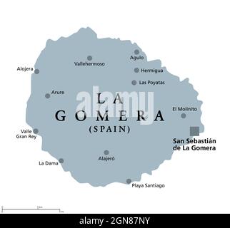 Insel La Gomera, graue politische Landkarte mit der Hauptstadt San Sebastian de La Gomera. Teil der Kanarischen Inseln, einer Inselgruppe und autonomen Gemeinschaft Spaniens Stockfoto