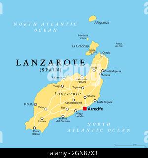 Lanzarote, politische Landkarte mit der Hauptstadt Arrecife. Nördlichste und östlichste Insel der Kanarischen Inseln, Archipel und autonome Gemeinschaft Spaniens. Stockfoto