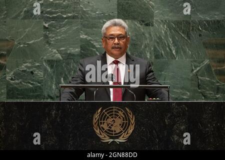 (210923) -- UNITED NATIONS, 23. September 2021 (Xinhua) -- der srilankische Präsident Gotabaya Rajapaksa spricht über die allgemeine Debatte der 76. Sitzung der Generalversammlung der Vereinten Nationen (UNGA) am 22. September 2021 im UN-Hauptquartier in New York. UM MIT 'World Insights: Entwicklungsländer brauchen finanzielle Hilfe, Einfluss in multilateralen Institutionen -- UNGA' zu GEHEN (CIA Pak/UN Photo/Handout via Xinhua) Quelle: Xinhua/Alamy Live News Stockfoto