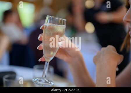 Selektive Weichstellung einer jungen Frau, die bei einem Hochzeitsempfang eine Sektflöte hält Stockfoto