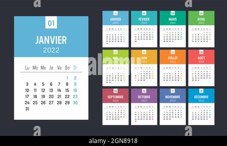 Jahr 2022 farbenfroher minimalistischer Monatskalender, in französischer Sprache, auf schwarzem Hintergrund. Vektorvorlage. Stock Vektor