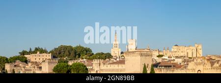 Panoramablick auf die mittelalterliche Stadt Avignon mit historischen Mauern und anderen touristischen Sehenswürdigkeiten, UNESCO-Weltkulturerbe: Historisches Zentrum von Avign Stockfoto