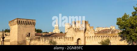 Panoramablick auf die mittelalterliche Stadt Avignon mit historischen Mauern und anderen touristischen Sehenswürdigkeiten, UNESCO-Weltkulturerbe: Historisches Zentrum von Avign Stockfoto