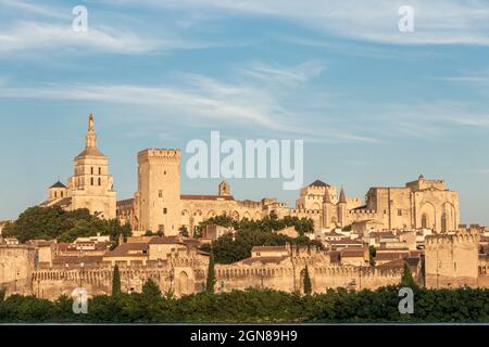 Panoramablick auf die mittelalterliche Stadt Avignon mit historischen Mauern und anderen touristischen Sehenswürdigkeiten, UNESCO-Weltkulturerbe: Historisches Zentrum von Avign Stockfoto