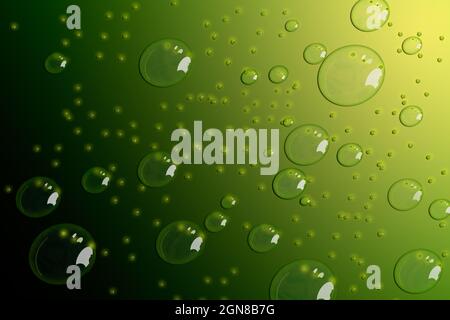 3D-Rendering-Darstellung mehrerer Wassertropfen auf farbigem Hintergrund. Im Olive Selective Focus. Verlauf Stockfoto