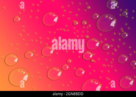 3D-Darstellung mehrerer Wassertropfen auf farbigem Hintergrund. In Rot. Selektiver Fokus. Verlauf Stockfoto