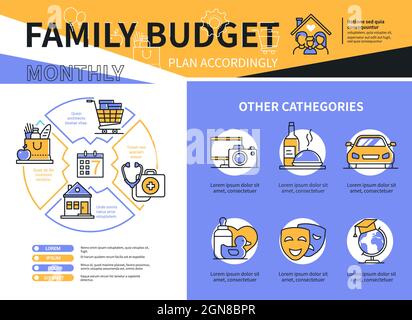 Family Budget - Vektor-Linie Design Stil Banner. Illustration zum Thema monatliches Geldeinkommen kompetente Planung. Verteilung von Geld für Lebensmittel, Stock Vektor