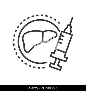 Hepatitis-Impfstoff - Vektorlinien-Design einzelnes isoliertes Symbol auf weißem Hintergrund. Hochwertiges schwarzes Piktogramm. Pflege und Schutz im Inneren. Injectio Stock Vektor