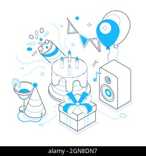Geburtstagsfeier - schwarz und blau isometrische Linie Illustration. Set von Feiertagsfeiern Symbole, Festival-Elemente. Flaggen, Hut, Kuchen, Ballons, Presen Stock Vektor