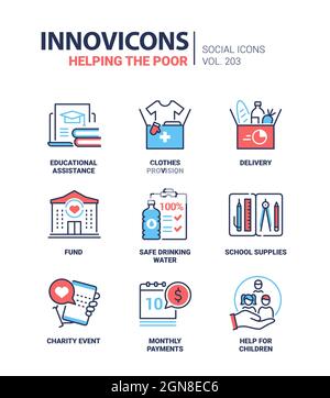 Hilfe für die Armen - moderne bunte Liniendesign Stil Symbole. Wohltätigkeitsorganisationen und Aufmerksamkeit für die Bedürftigen Kompilation mit roten und blauen Symbolen. Pädagogische assi Stock Vektor