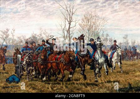 William B. T. Trego. Gemälde mit dem Titel „Batterie, vorwärts! (Auch bekannt als Bringing Up the Battery, Artillery to the Front, Civil war Battle Scene) des amerikanischen Künstlers William Brooke Thomas Trego (1858-1909), Öl auf Leinwand, 1887 Stockfoto