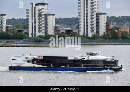 Millennium Diamond fährt zurück auf die Themse zum Londoner Stützpunkt, der die blaue Farbgebung der „CityCruises by Hornblower“-Ti trägt Stockfoto