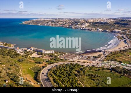 Malta, Nordregion, Mellieha, Luftansicht der Bucht von Ghadira Stockfoto