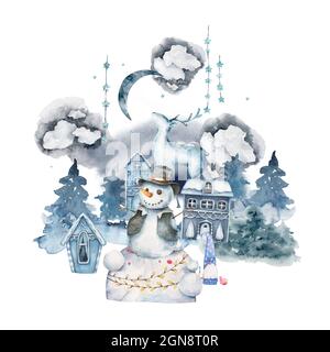 Weihnachten mit Schneemann und Schneeflocken. Handgezeichnete Aquarell-isolierte Illustration auf weißem Hintergrund Stockfoto