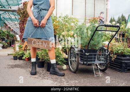 Weibliche Gewächshausarbeiterin, die ein offenes Schild hält, während sie bei Pflanzen im Gewächshaus steht Stockfoto