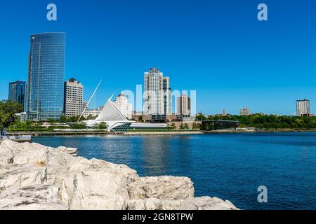 Das Milwaukee Art Museum & Lake Michigan Stockfoto