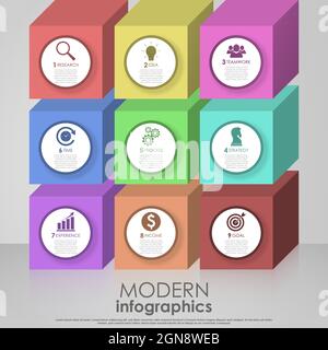 EPS10 Vektorgrafik. Business-Infografik-Prozess mit realistischen Elementen. Design der Impact-Vorlage mit Symbolen und 9 Schritten. Stock Vektor