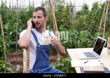 Männlicher Landarbeiter hält den Becher, während er auf dem landwirtschaftlichen Feld mit dem Smartphone spricht Stockfoto