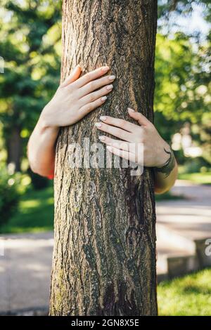 Die Hände der Frau umarmen den Baumstamm im öffentlichen Park Stockfoto