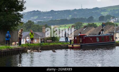 Leeds Liverpool Canal Freizeitaktivitäten - Narrowboat festgemacht, Mann & Hund füttern Schwäne, fotografieren, Dame sitzt - Bingley Yorkshire England. Stockfoto