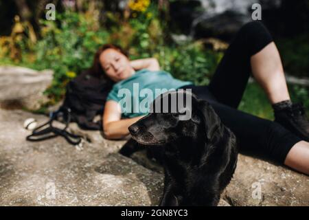 Schwarzer Hund, der an einem sonnigen Tag mit weiblicher Tierbesitzerin liegt Stockfoto