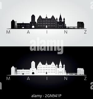 Mainzer Skyline und Wahrzeichen Silhouette, Schwarz-Weiß-Design, Vektor-Illustration. Stock Vektor