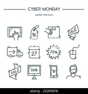 Cyber monday. Liniensymbole eingestellt. Vektorgrafik. Stock Vektor