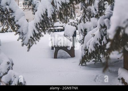 Winterlandschaft in Braunschweig, Niedersachsen, Deutschland. Schneebedeckte Bank nach starkem Schneefall. Stadtpark im Winter Stockfoto