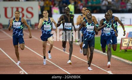 ZÜRICH - SCHWEIZ 8 SEP 21: Elliot Giles (GBR) Clayton Murphy (USA) Marco Arop (CAN) Emmanuel Kipkurui Korir (KEN) Ferguson Cheruiyot Rotich (KEN) Stockfoto