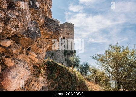 Blick auf einen Teil der Mauern von Monteriggioni. Diese Stadt liegt in der Provinz Siena (Toskana, Italien). Speicherplatz kopieren. Stockfoto