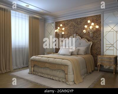 Luxuszimmer mit klassischem Interieur, Classic-Bett, Kissen, Teppich auf dem Holzboden, zwei Nachttischen und zwei Spiegeln. 3D-Abbildung, 3840 x 2880 Stockfoto