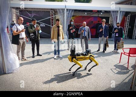 Gelber Roboterhund, geeignet für industrielle Detektion und Fernbetrieb. Mini Robot Guard Spot. Turin, Italien - September 2021 Stockfoto