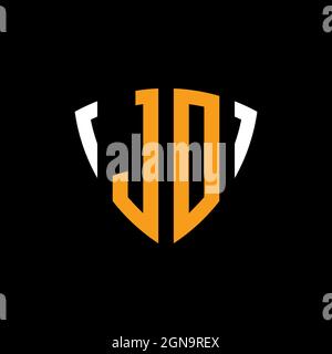 JO-Logo mit Schild weiß orange Form Designvorlage isoliert auf schwarzem Hintergrund Stock Vektor