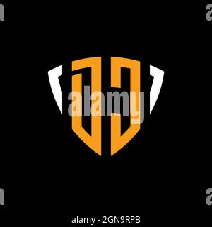 DC-Logo mit Schild weiß orange Form Designvorlage isoliert auf schwarzem Hintergrund Stock Vektor