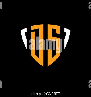 DS-Logo mit Schild weiß orange Form Designvorlage isoliert auf schwarzem Hintergrund Stock Vektor