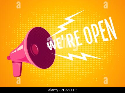 Vektor Vintage Poster mit retro rosa Megaphon auf gelbem Hintergrund. Retro-Megaphon mit Text von wir sind auf Halbton-Hintergrund geöffnet. Stock Vektor
