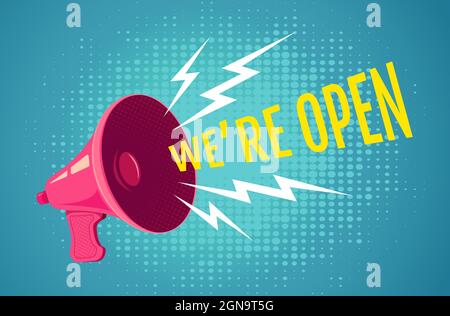 Vektor Vintage Poster mit retro rosa Megaphon auf gelbem Hintergrund. Retro-Megaphon mit Text von wir sind auf Halbton-Hintergrund geöffnet. Stock Vektor