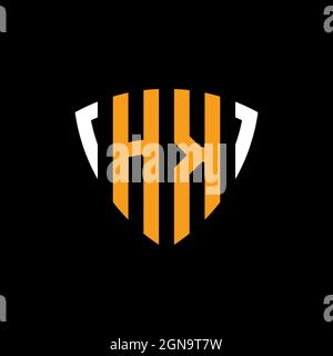 HK-Logo mit Schild weiß orange Form Designvorlage isoliert auf schwarzem Hintergrund Stock Vektor