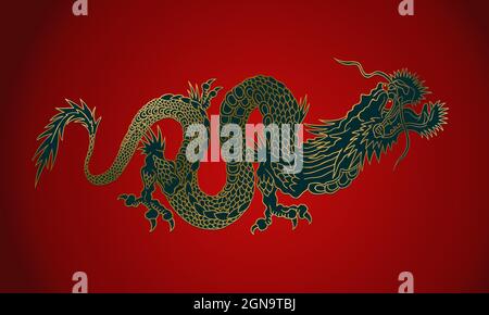 Vektor-Illustration eines chinesischen goldenen Drachen. Goldener asiatischer Drache auf rotem Hintergrund. Stock Vektor