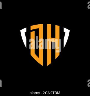 Dh-Logo mit Schild weiß orange Form Designvorlage isoliert auf schwarzem Hintergrund Stock Vektor