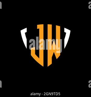 JW-Logo mit Schild weiß orange Form Designvorlage isoliert auf schwarzem Hintergrund Stock Vektor