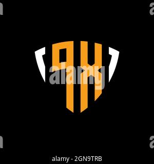 PX-Logo mit Schild weiß orange Form Designvorlage isoliert auf schwarzem Hintergrund Stock Vektor